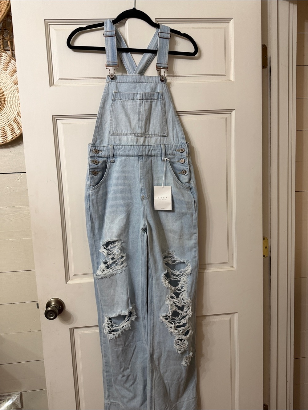 KanCan Light Blue Distressed Denim Overalls